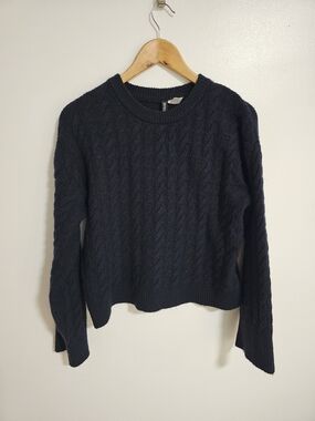 H&M Navy Cable Knit Sweater Size Small Wool Blend Preppy Boxy Fit